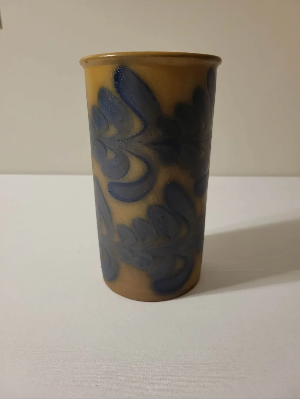 Handmade Pottery Vase with Blue Leaf Design